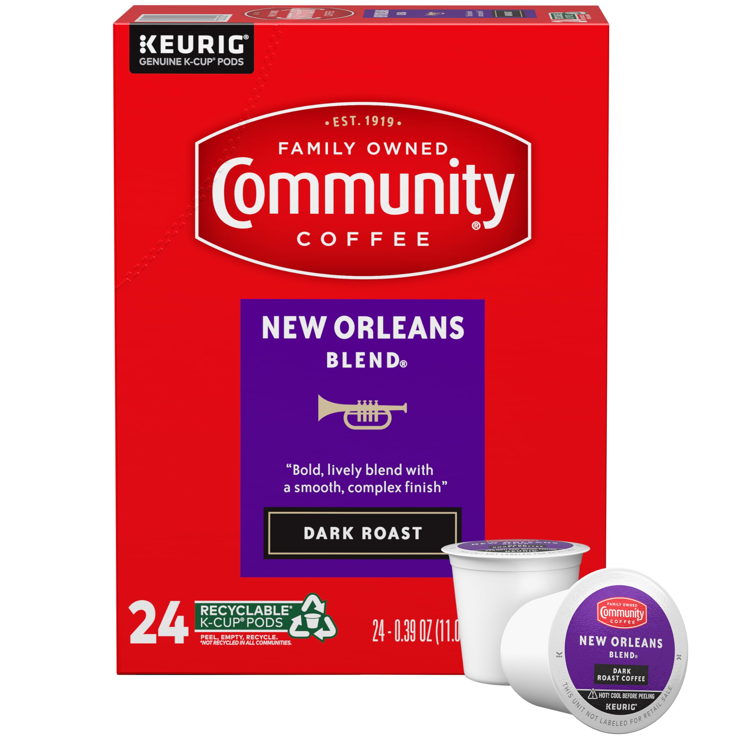 Community Coffee front packaging showing 24-count pods and bold roast benefit