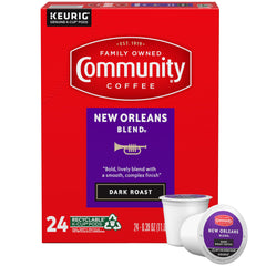 Community Coffee front packaging showing 24-count pods and bold roast benefit