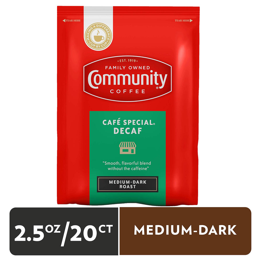 Community Coffee open pouch with measured grounds ready to pour, ensuring fast brewing
