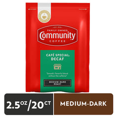 Community Coffee open pouch with measured grounds ready to pour, ensuring fast brewing