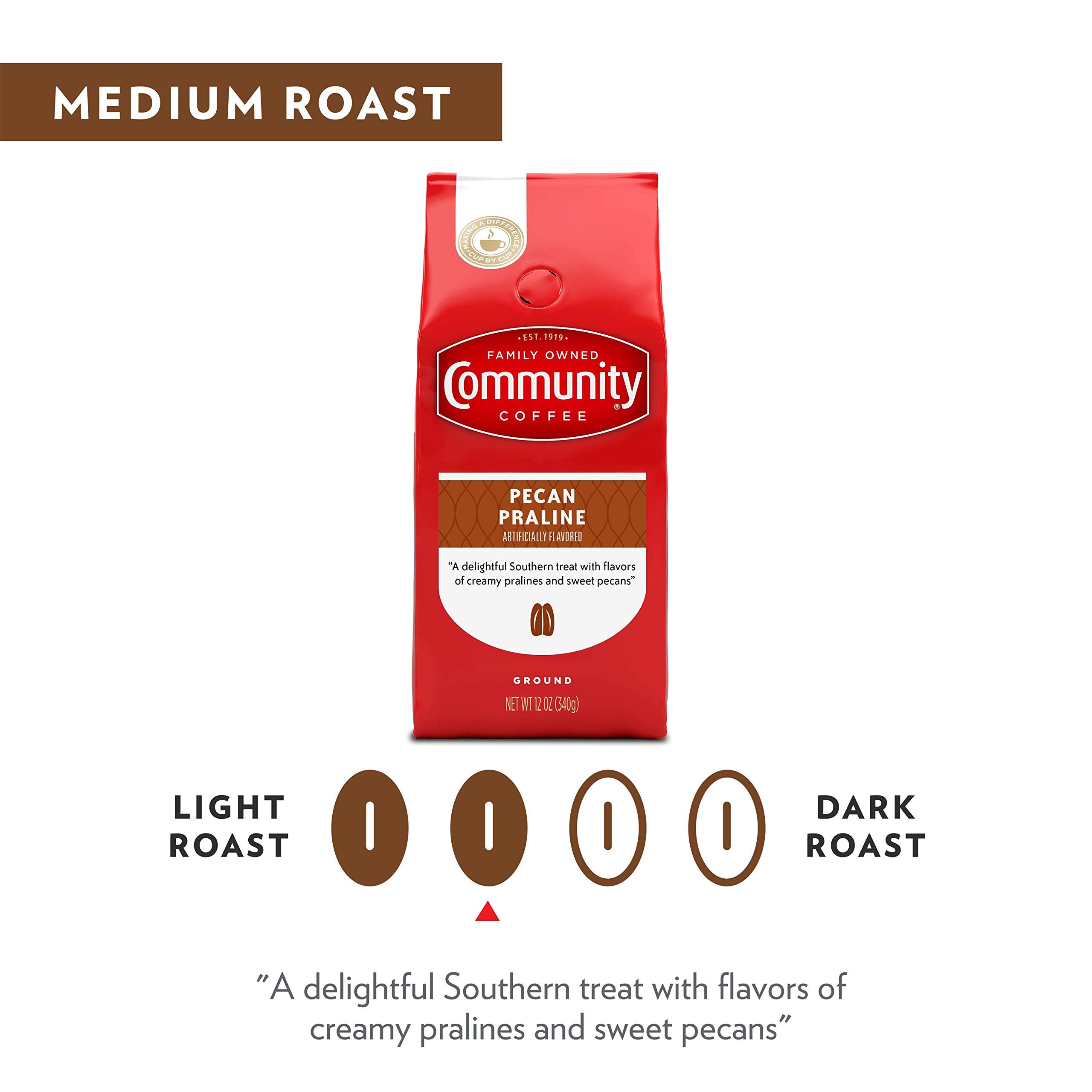 Community Coffee brewed cup with crema showing balanced pecan praline taste