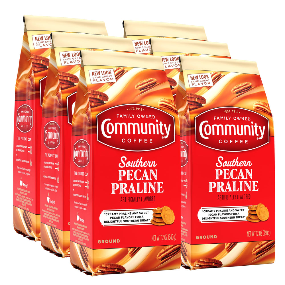 Community Coffee front packaging showing six 12-ounce bags and convenience