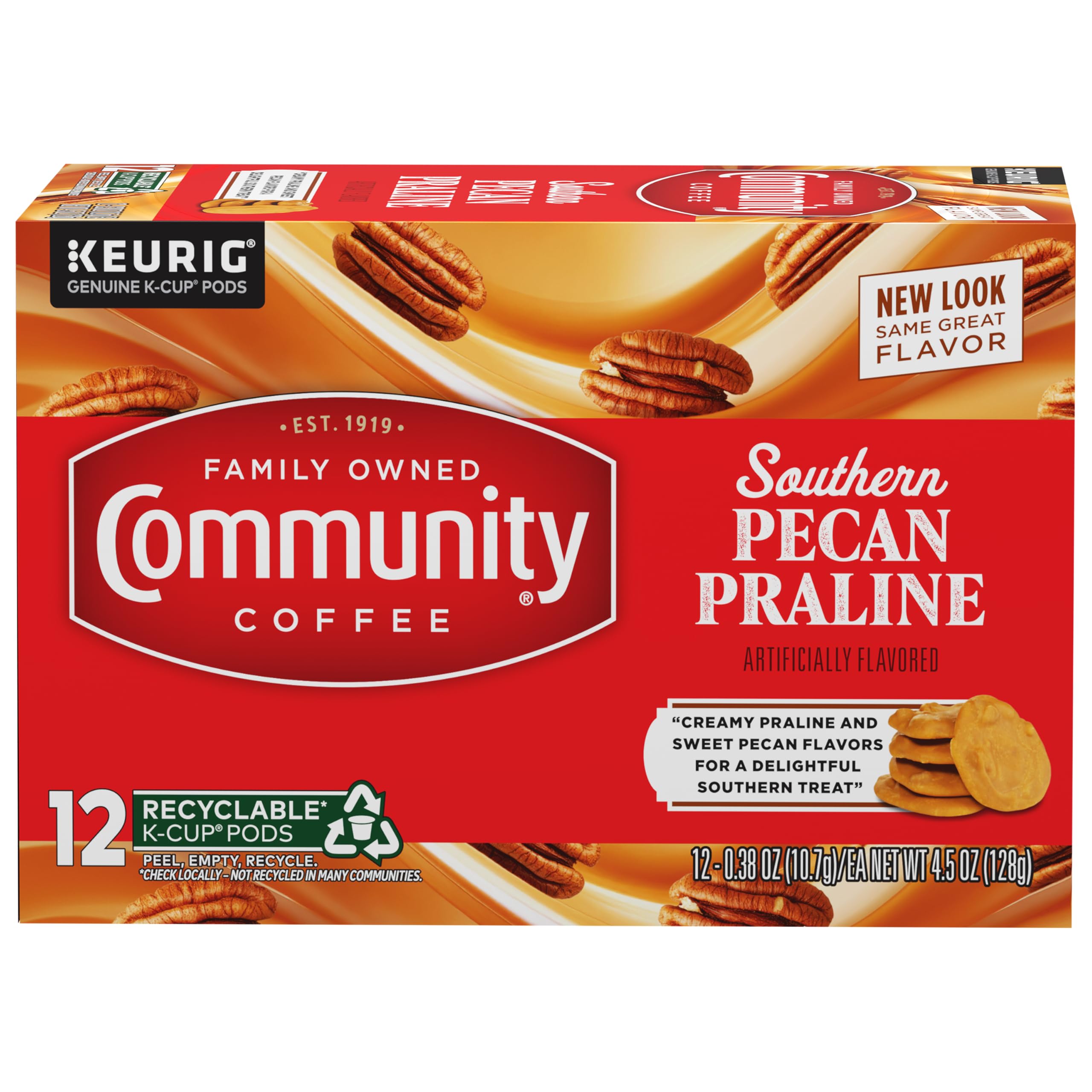 Community Coffee front packaging showing 12-count pods and pecan-praline appeal