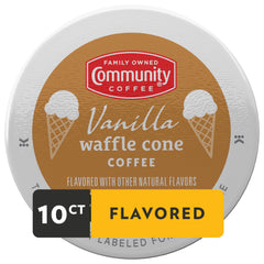 Community Coffee single pod top view highlighting Keurig compatibility and convenience