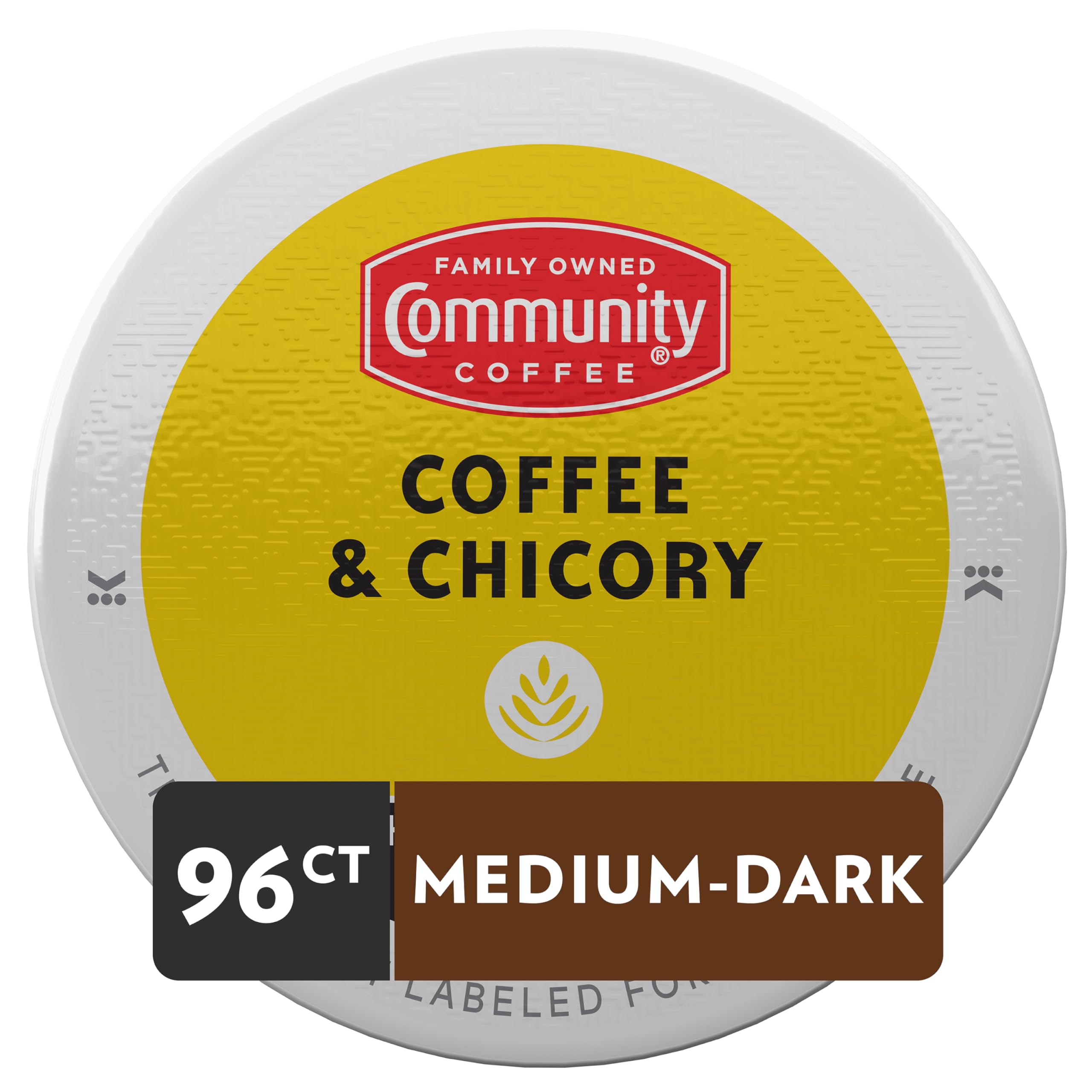 Community Coffee pod closeup highlighting Keurig compatibility and quick brewing