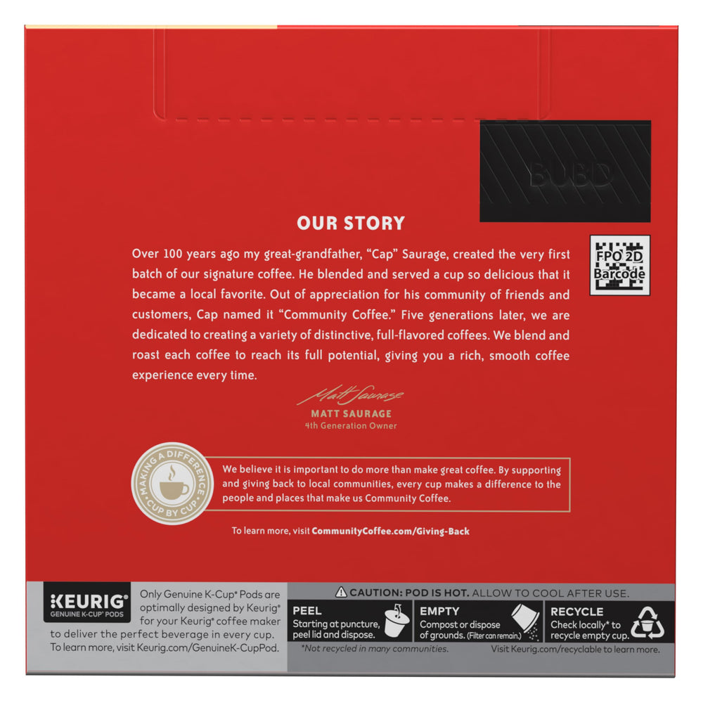 Community Coffee pod inserted in Keurig brewer illustrating quick single-serve convenience