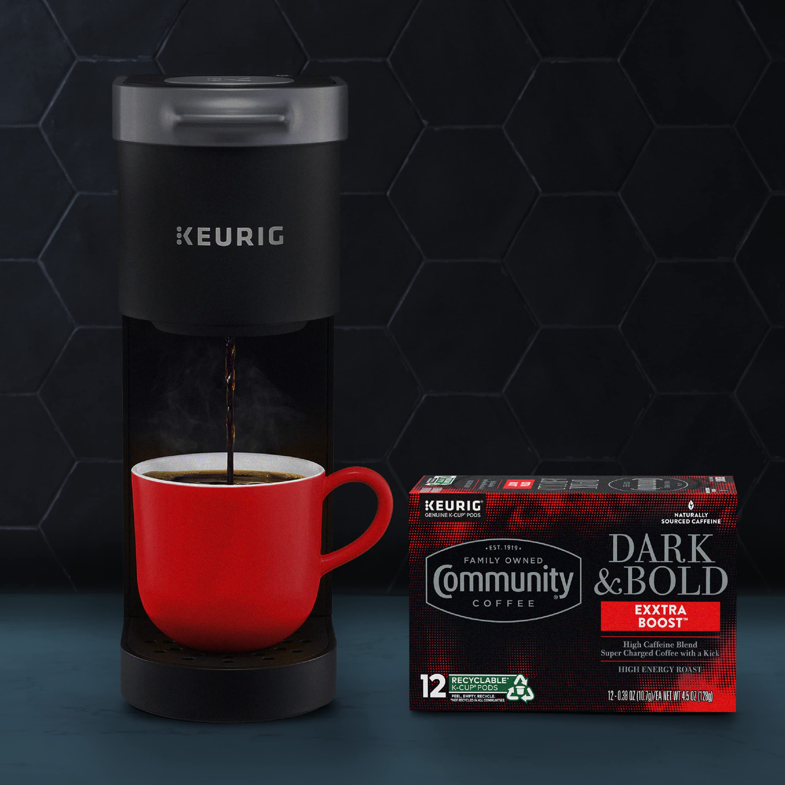 Community Coffee pod beside a mug for scale and easy portioning