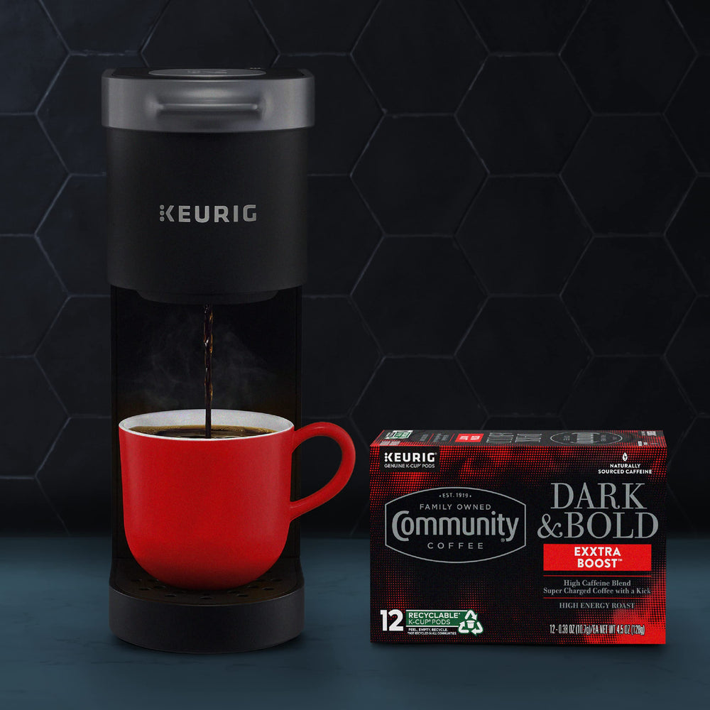 Community Coffee pod beside a mug for scale and easy portioning