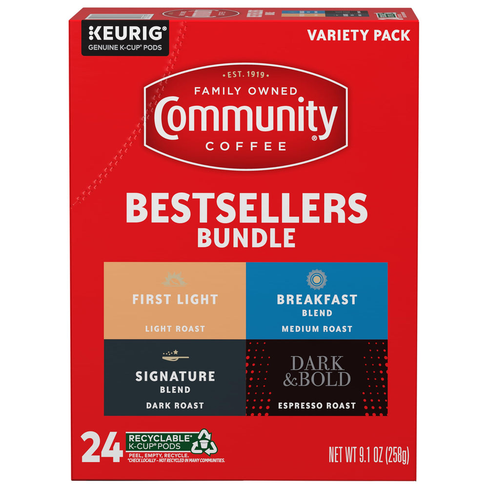 Community Coffee pods loaded into a Keurig brewer delivering quick single-serve convenience