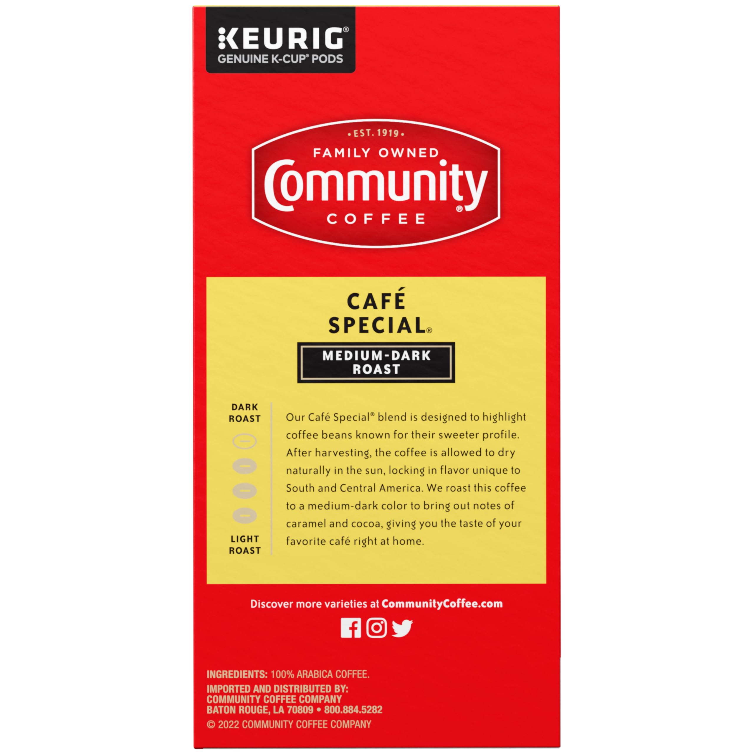 Scattered South and Central American coffee beans next to a Community Coffee pod showing origin focus