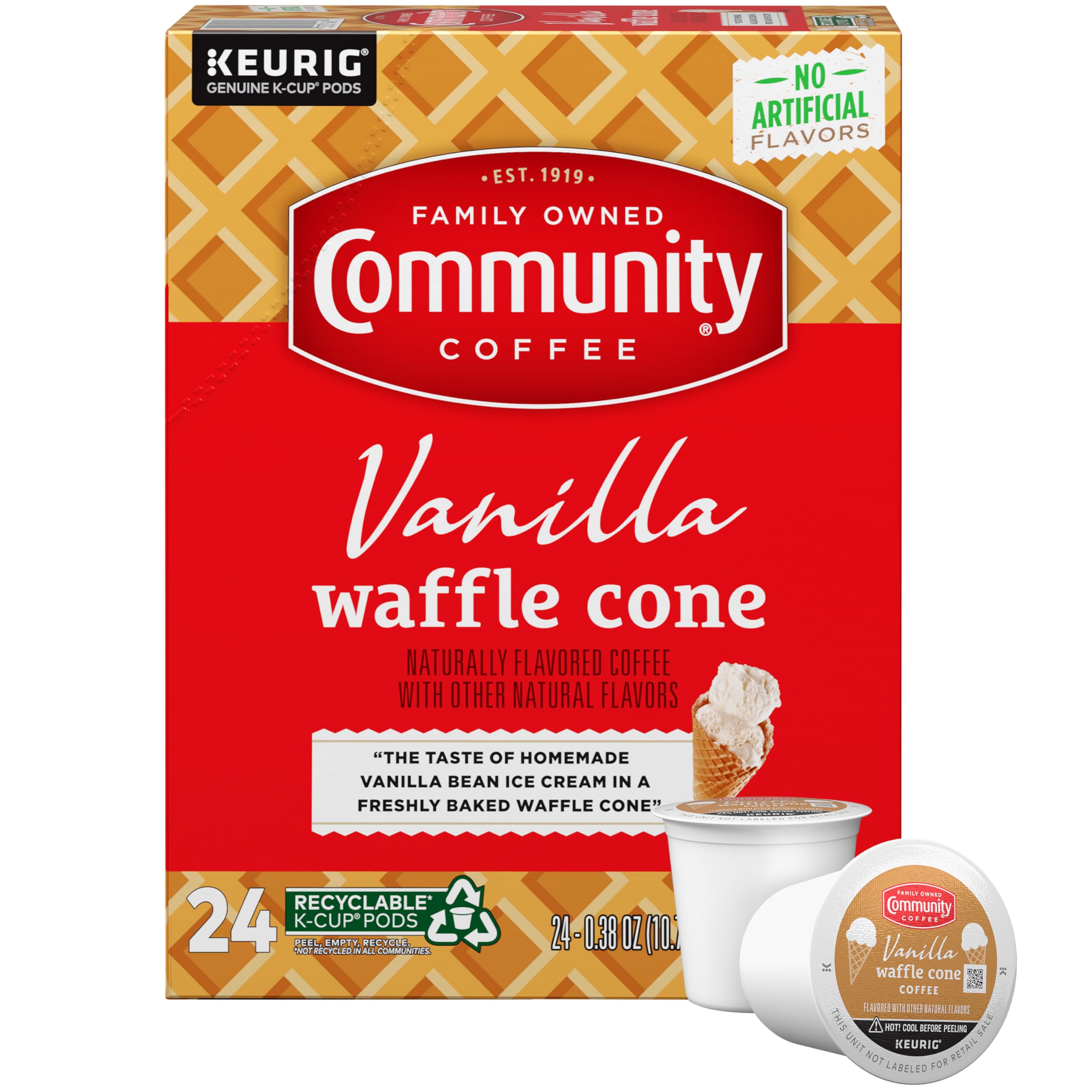 Community Coffee front packaging showing 24-count box, clear flavor benefit