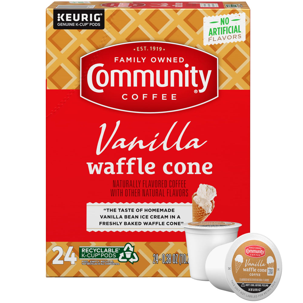 Community Coffee front packaging showing 24-count box, clear flavor benefit