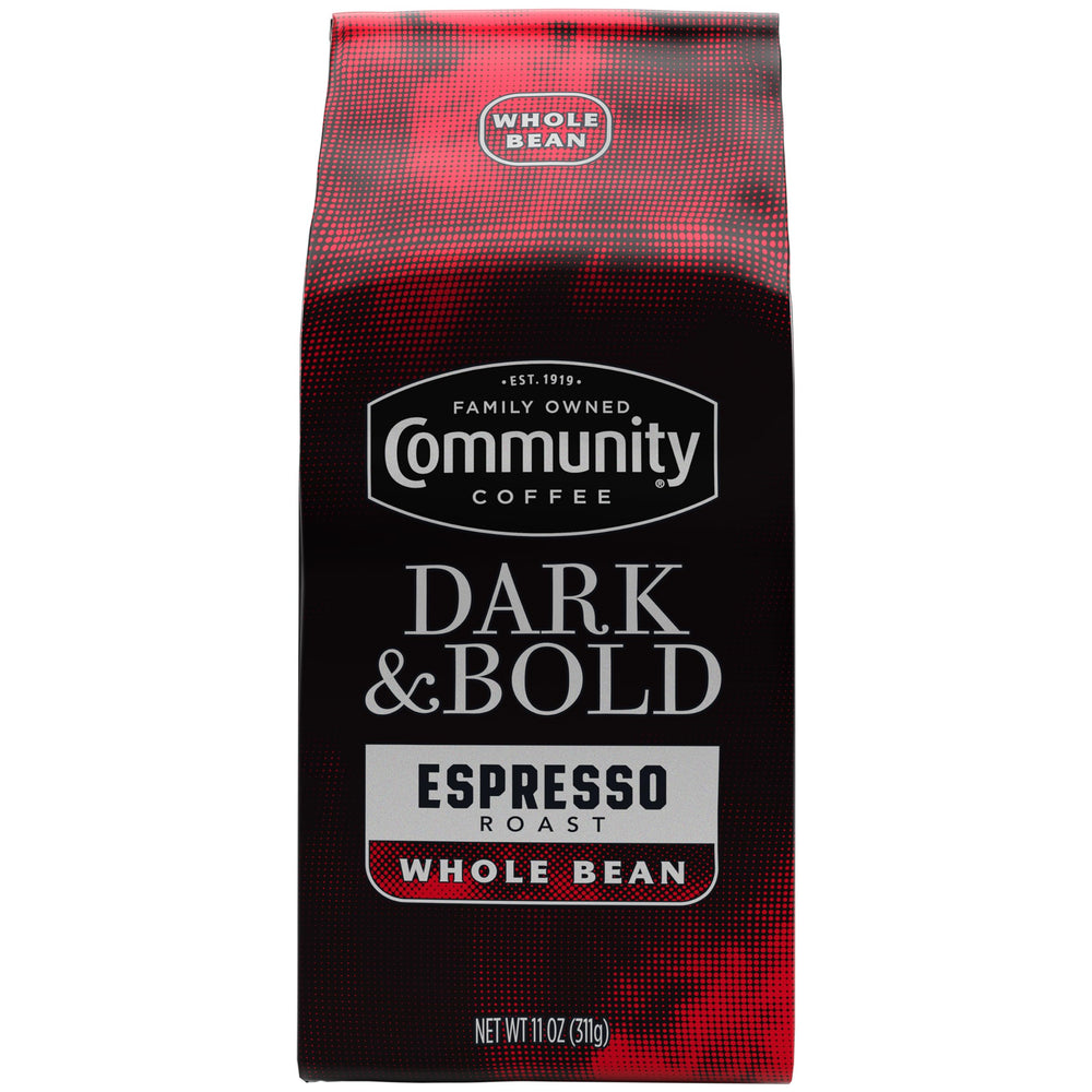 Community Coffee close-up of whole beans highlighting glossy oils and rich aroma benefit