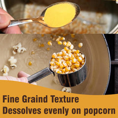 Concession Essentials Flavacol being poured onto hot popcorn showing quick, uniform coating benefit