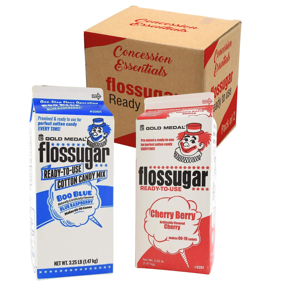 Concession Essentials front packaging showing cherry and blueberry flavors and serving benefit