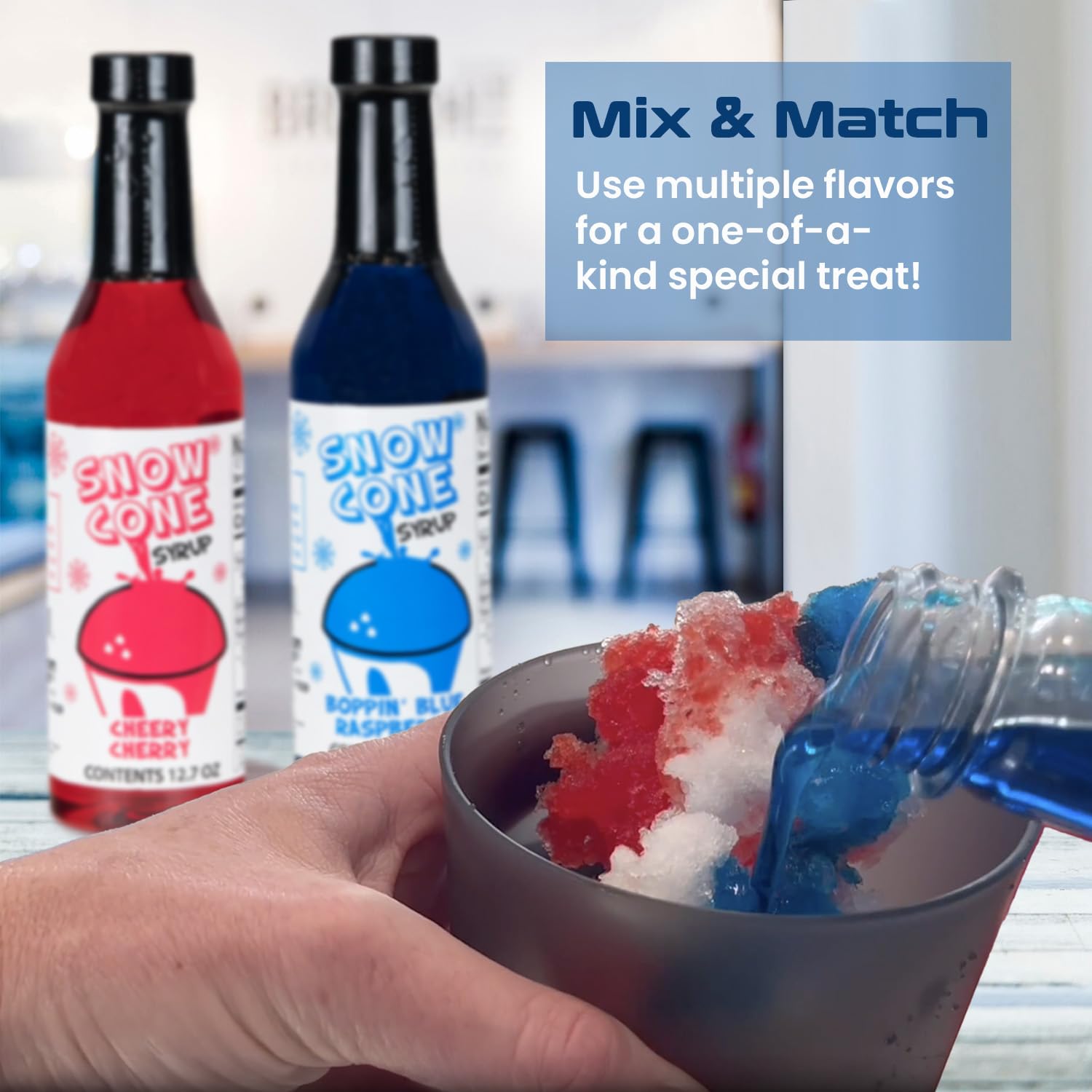 Concession Express close-up of bottle label and flavor names, clear product identification benefit