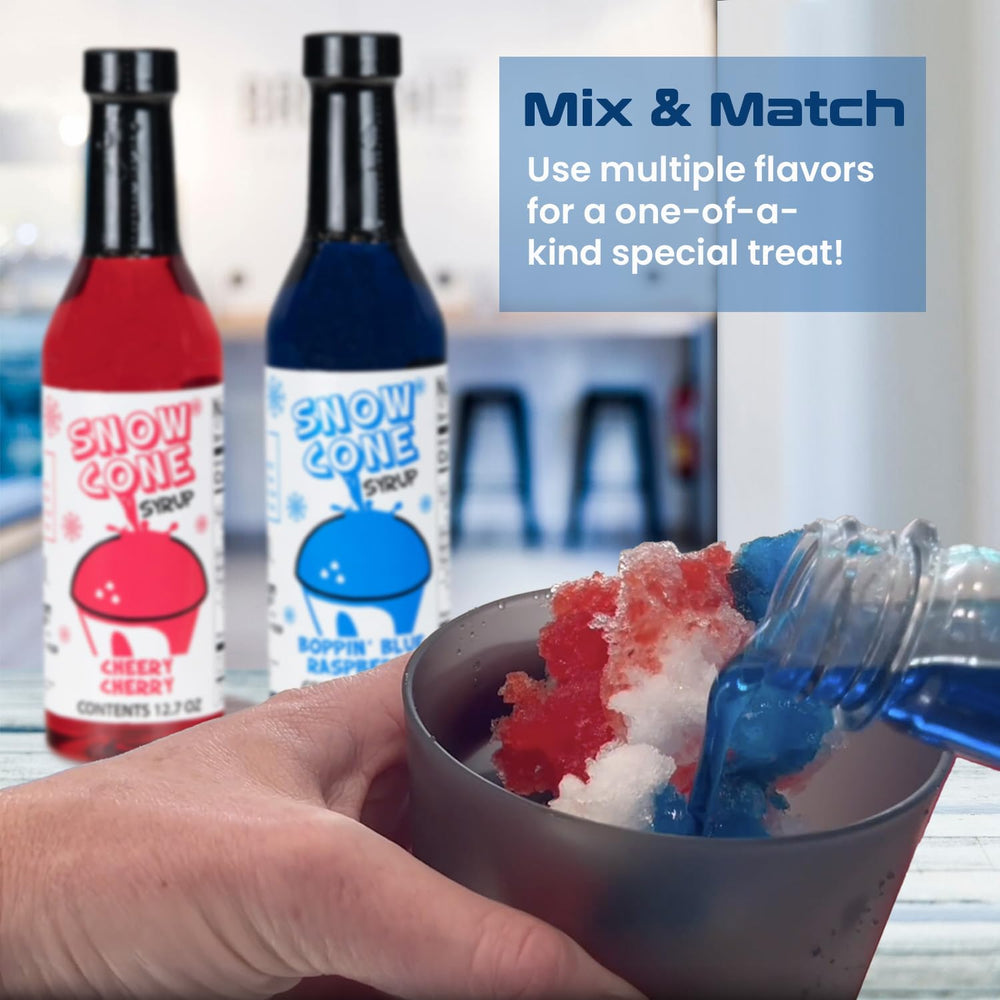 Concession Express close-up of bottle label and flavor names, clear product identification benefit