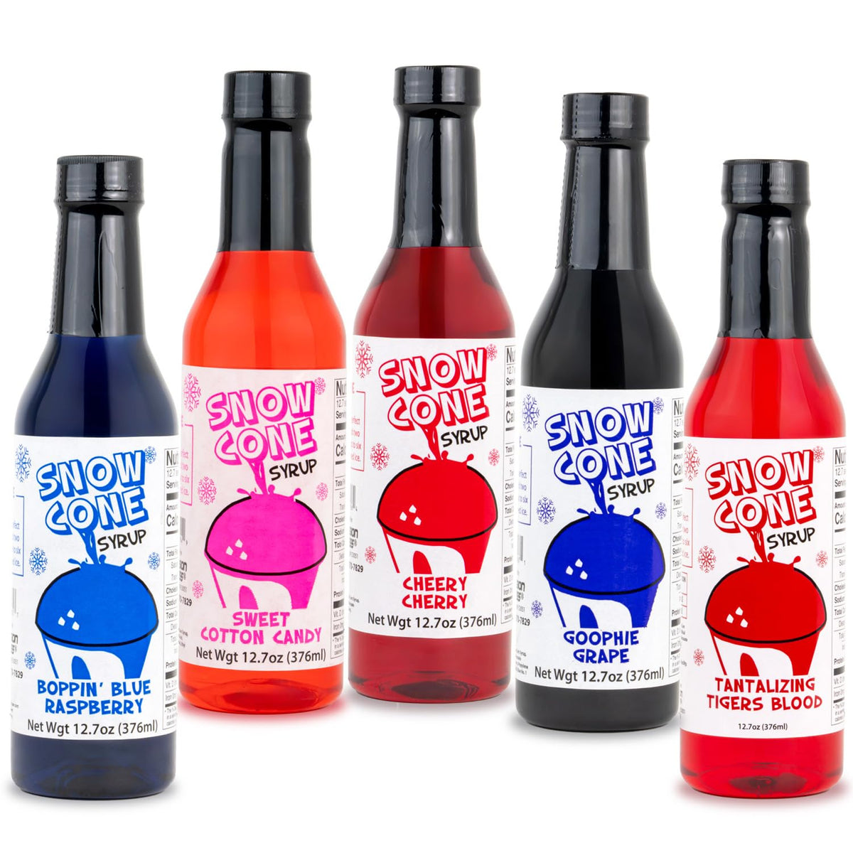 Concession Express front pack display showing five colorful bottles and labels, ready for parties
