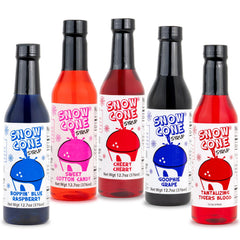 Concession Express front pack display showing five colorful bottles and labels, ready for parties