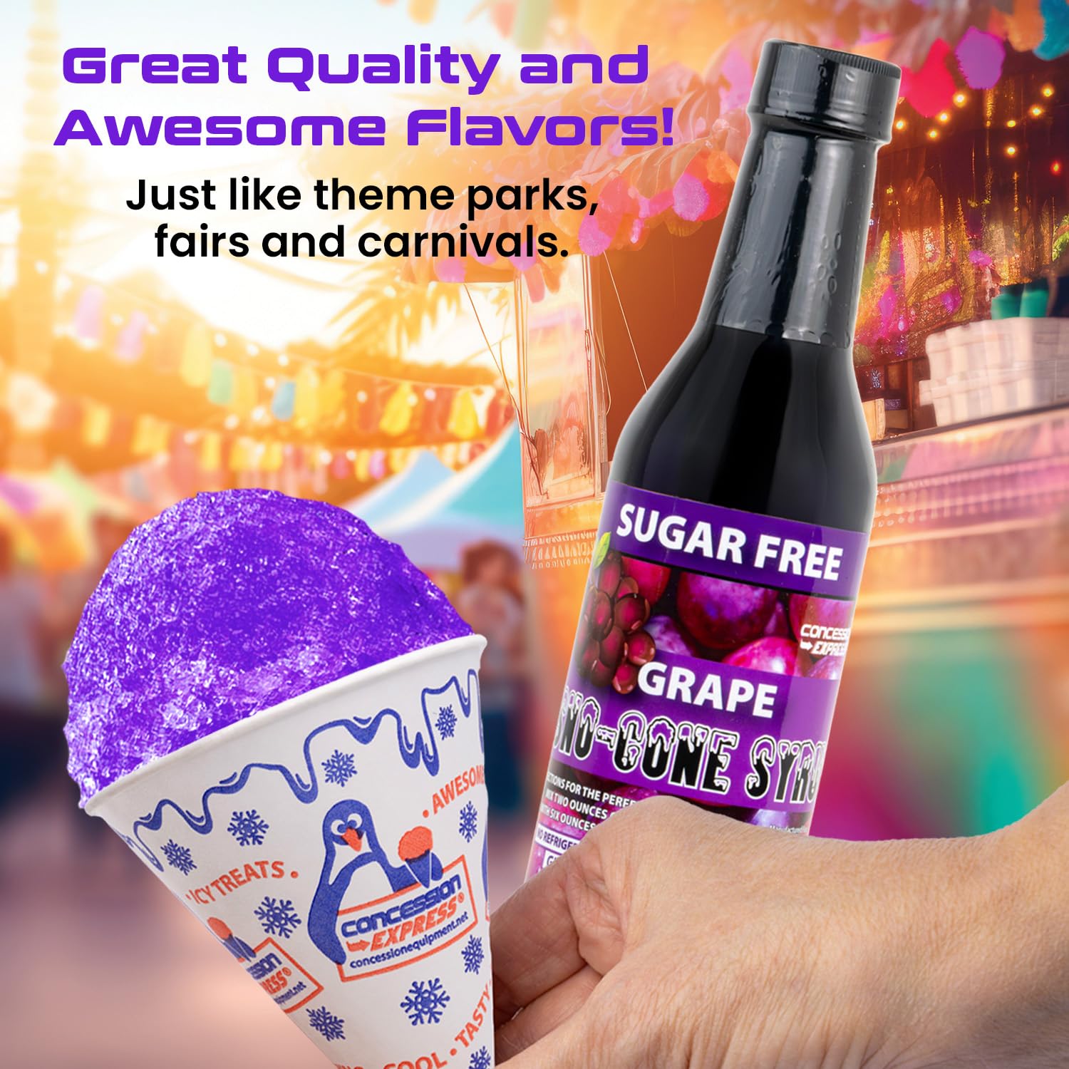 Concession Express syrups at a backyard party serving guests colorful frozen treats