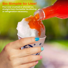 Concession Express pouring over snow cone to show vibrant color and fast topping