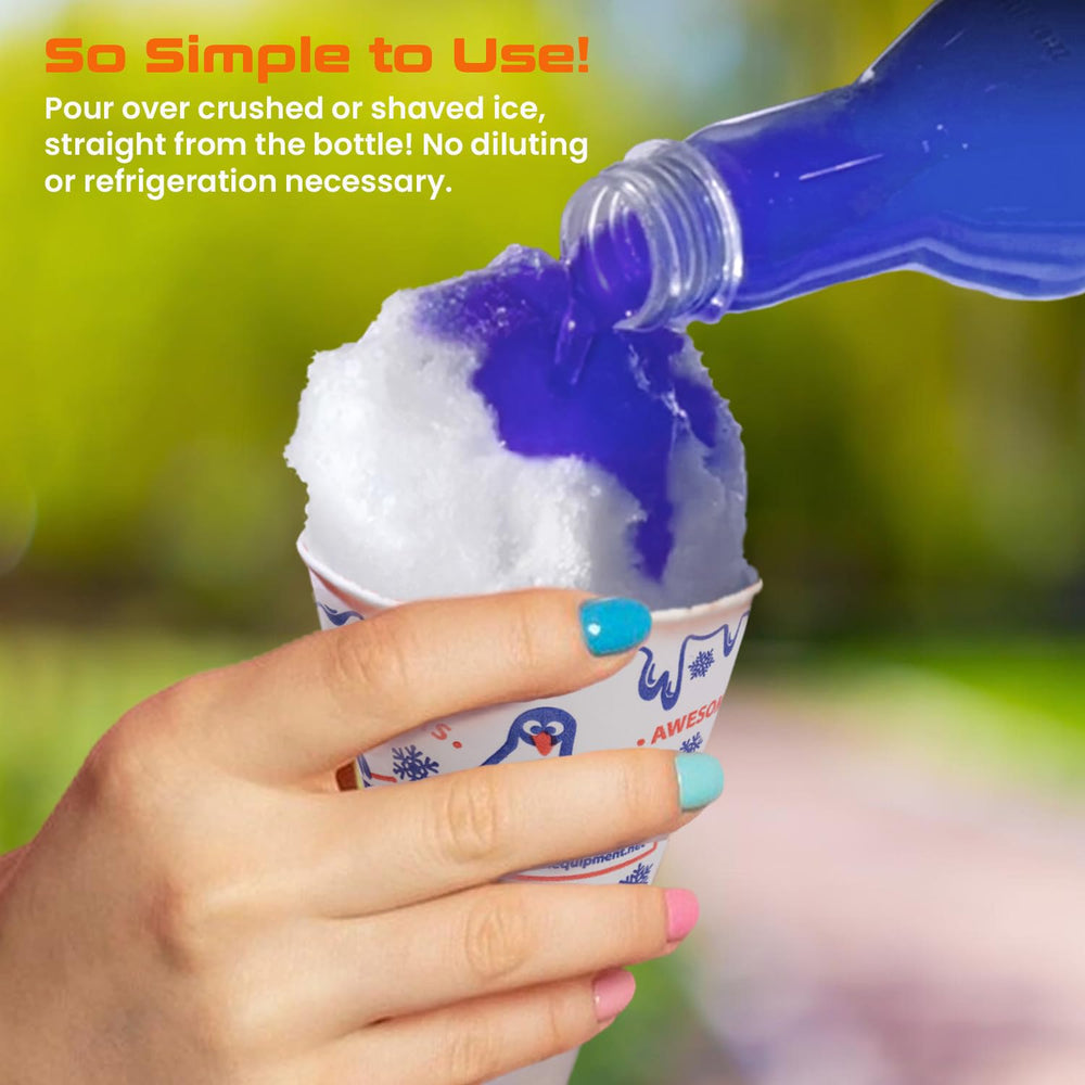 Concession Express pouring bright blue syrup over shaved ice for an easy serving demonstration
