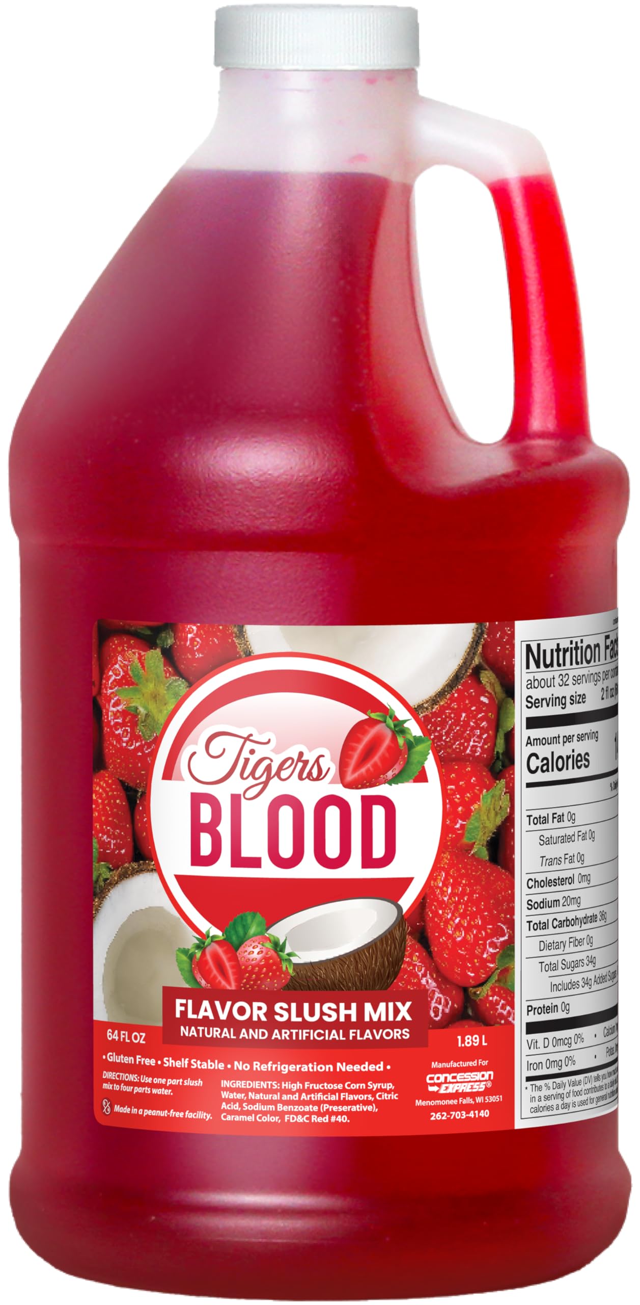 Concession Express front packaging showing bold Tigers Blood flavor and half gallon bottle benefit