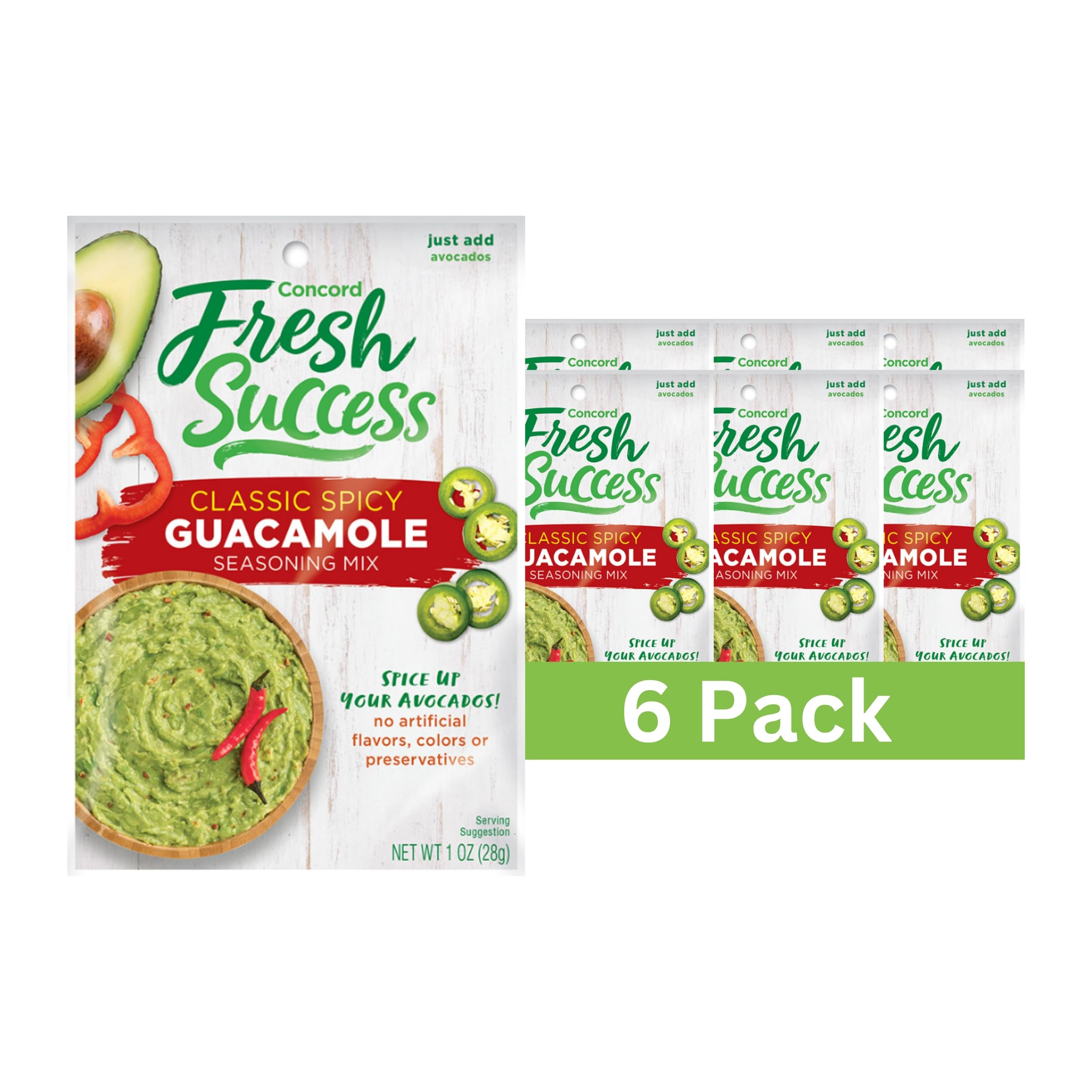 Concord Foods front packaging showing Classic Spicy mix and pack of six for convenience