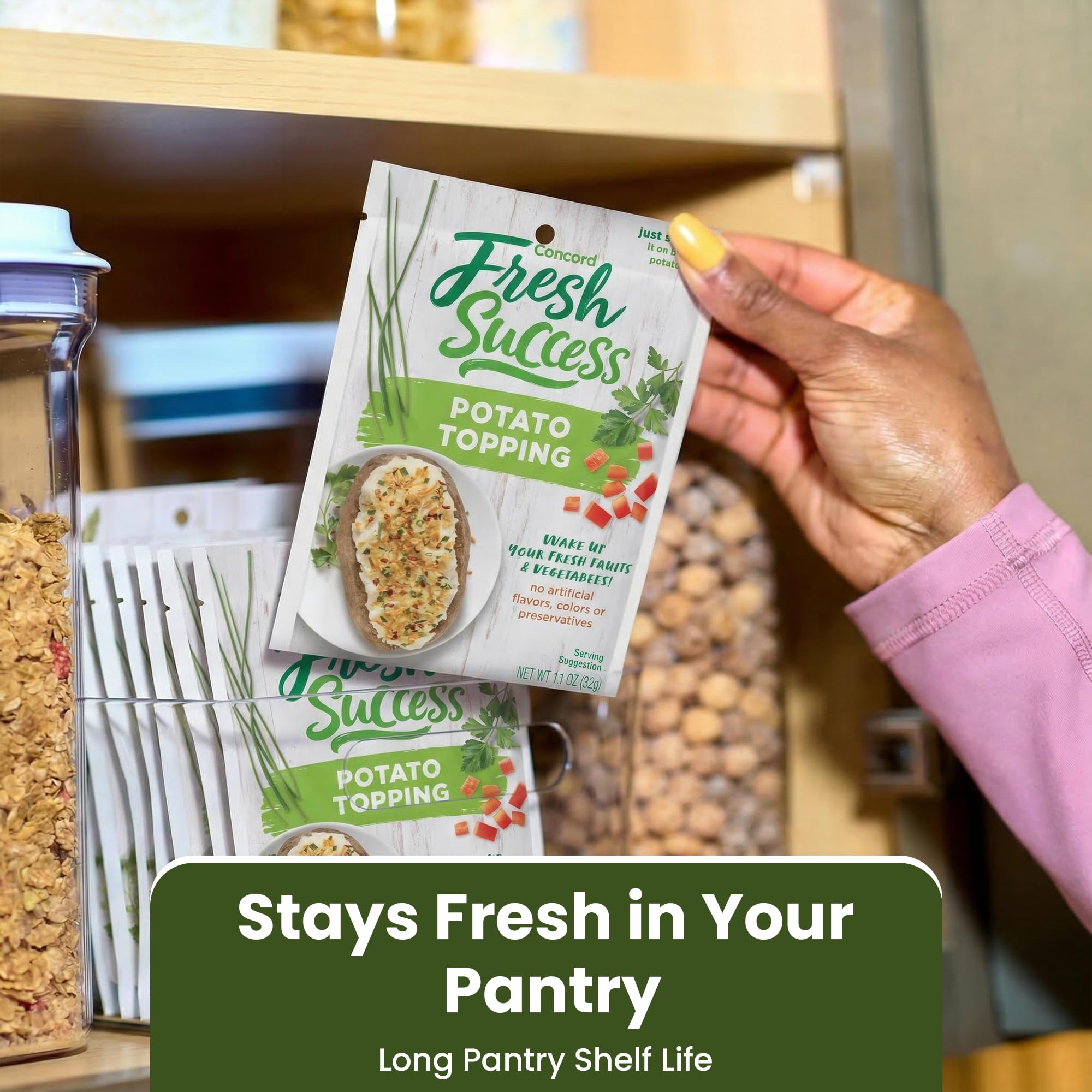 Concord Foods six pouches arranged on a pantry shelf signaling ready-to-use meal time convenience