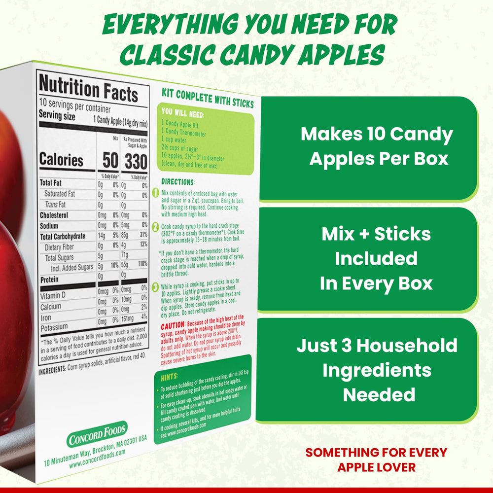 Concord Foods open box displaying ten individually wrapped candy apple sticks