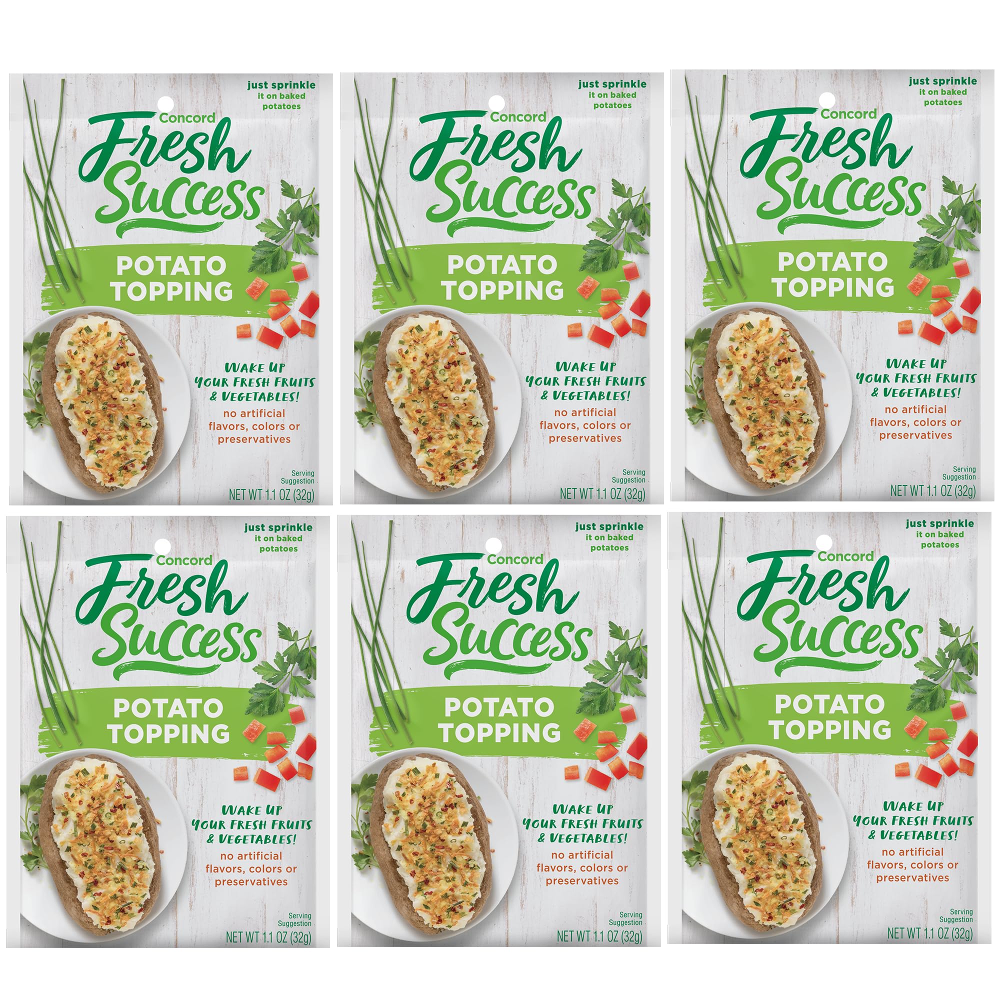 Concord Foods front packaging showing potato topping pouches and clear label for pantry convenience