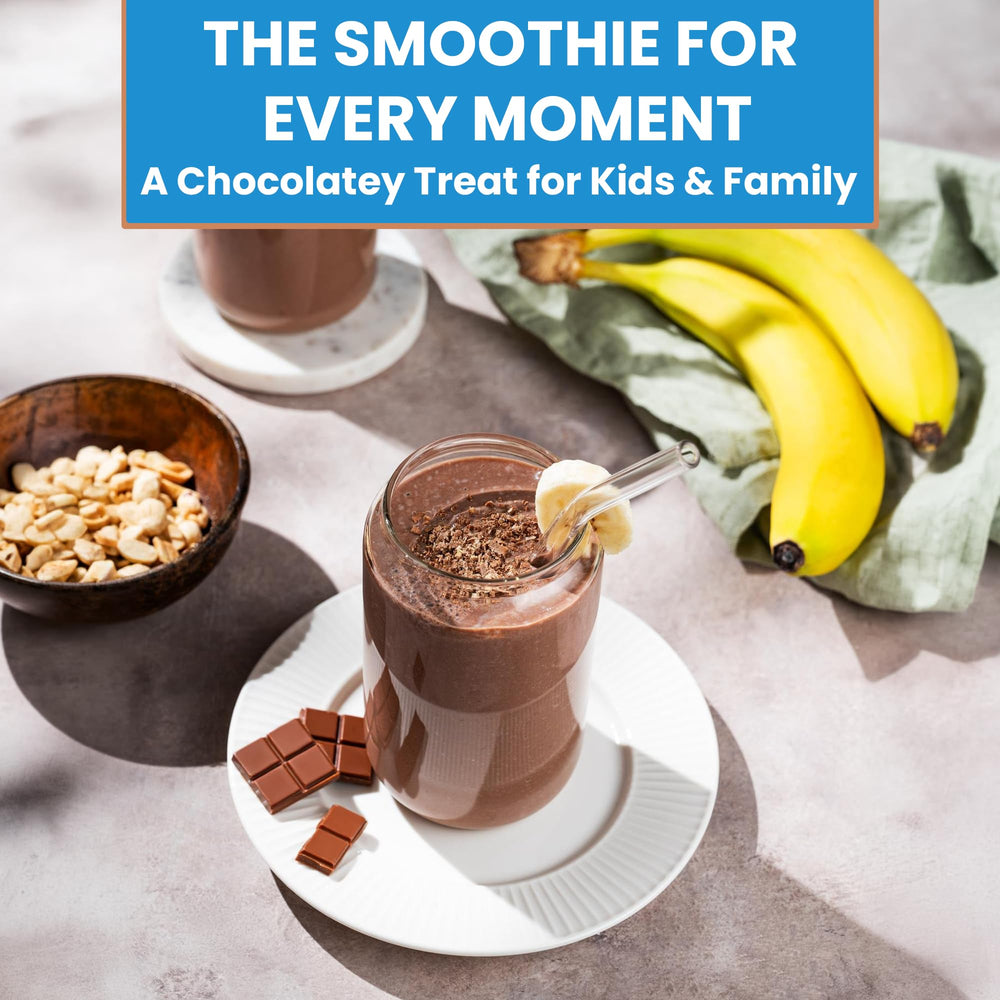 Concord Foods prepared chocolate banana smoothie in glass, creamy and thick