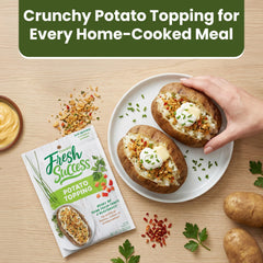 Concord Foods seasoning sprinkled on a hot baked potato adding crunchy, herby loaded-potato appeal