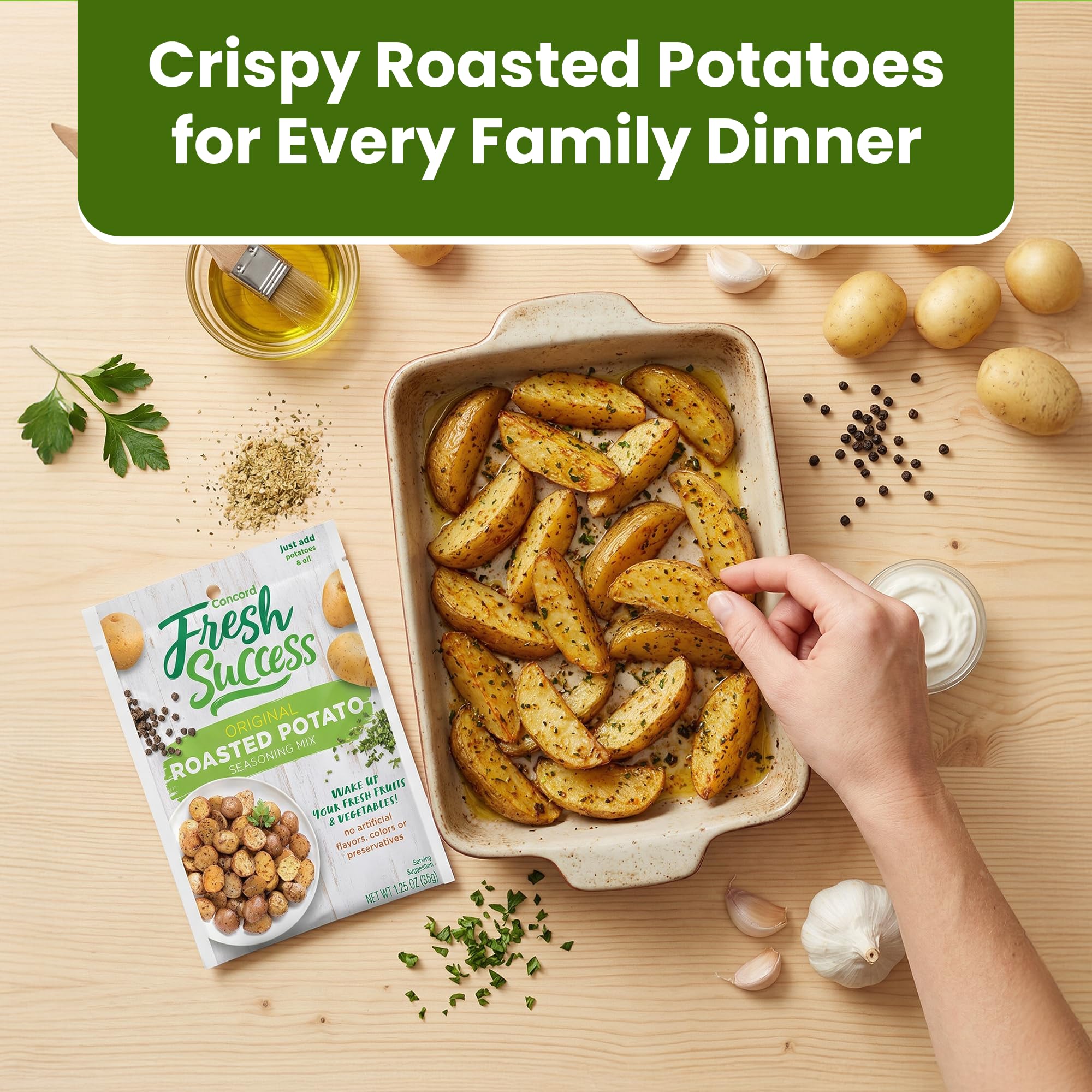 Concord Foods seasoning coated on golden roasted potatoes for crisp flavor