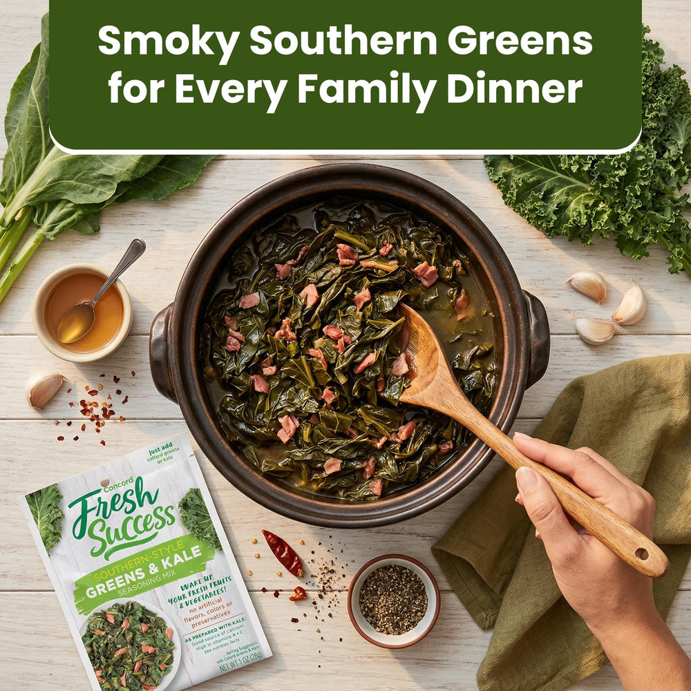 concord Foods seasoning dissolving into a pot of simmering collard greens for deep Southern taste