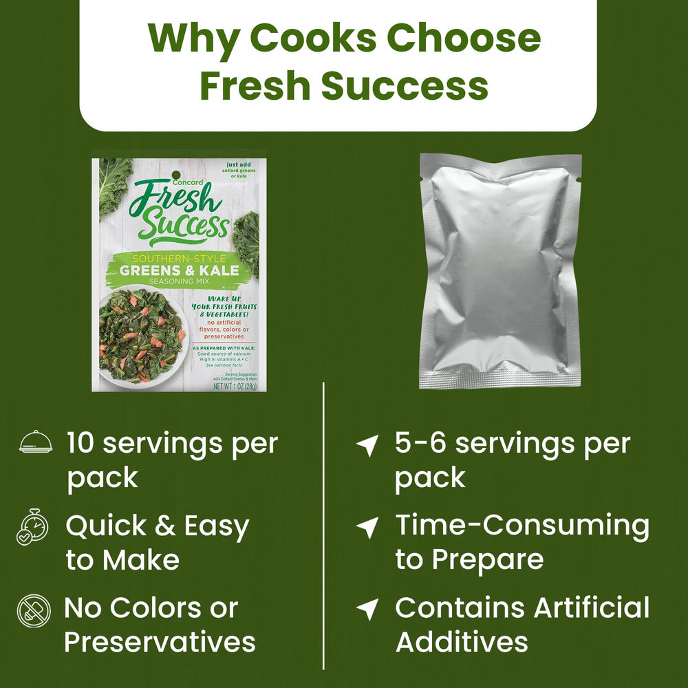 single Concord Foods packet next to fresh kale and collard leaves suggesting easy one-step seasoning