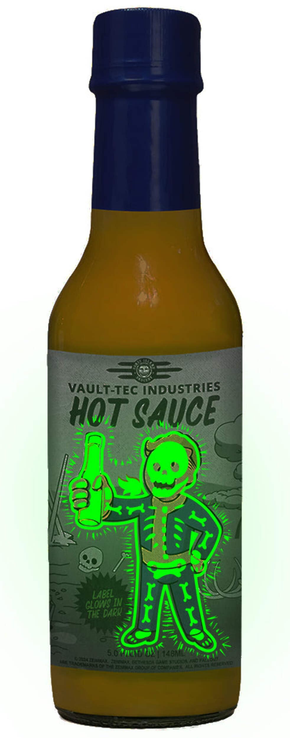 Coney Island Saucery closeup of glow‑in‑the‑dark Vault‑Tec label highlighting novelty and visibility