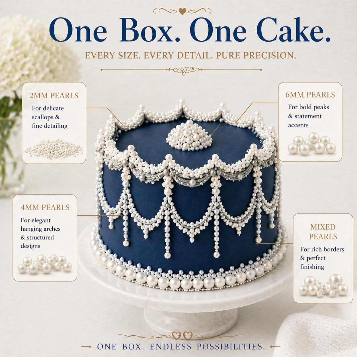 Confect decorated cupcake with white pearls creating frosty look