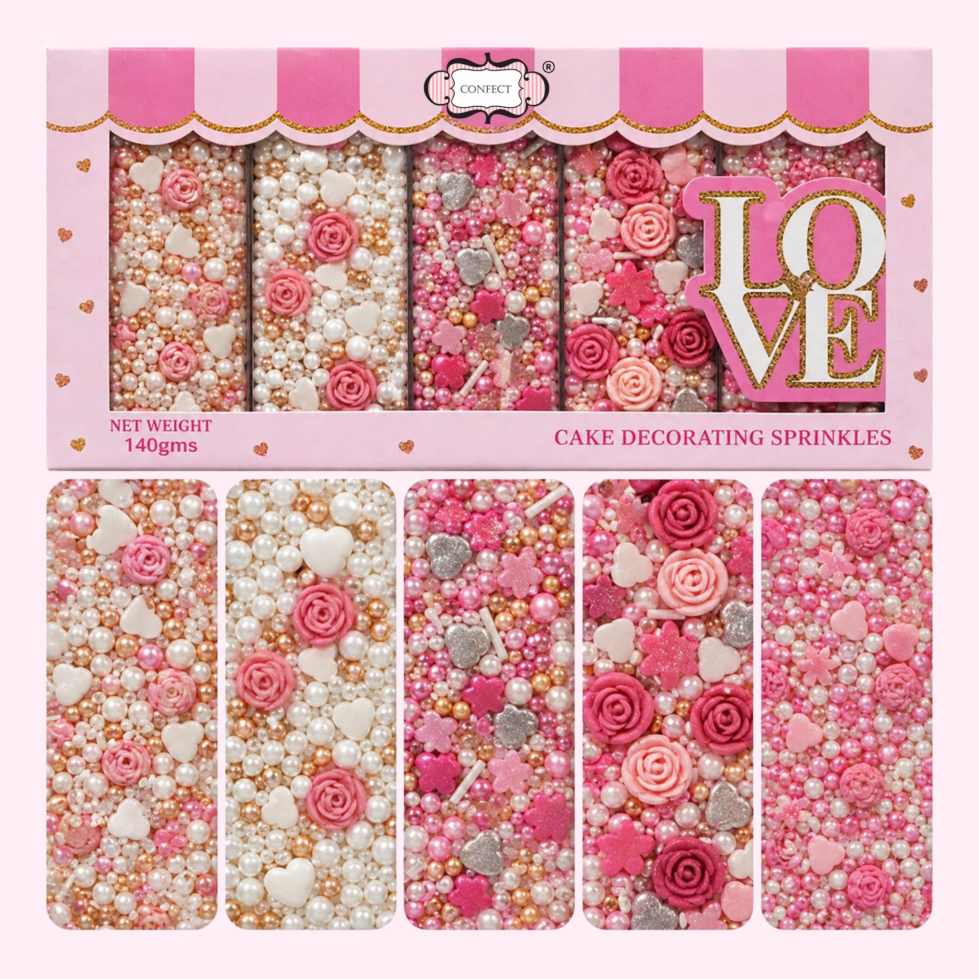 Confect front packaging showing pink roses and silver hearts, elegant cake-ready appeal