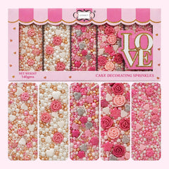 Confect front packaging showing pink roses and silver hearts, elegant cake-ready appeal