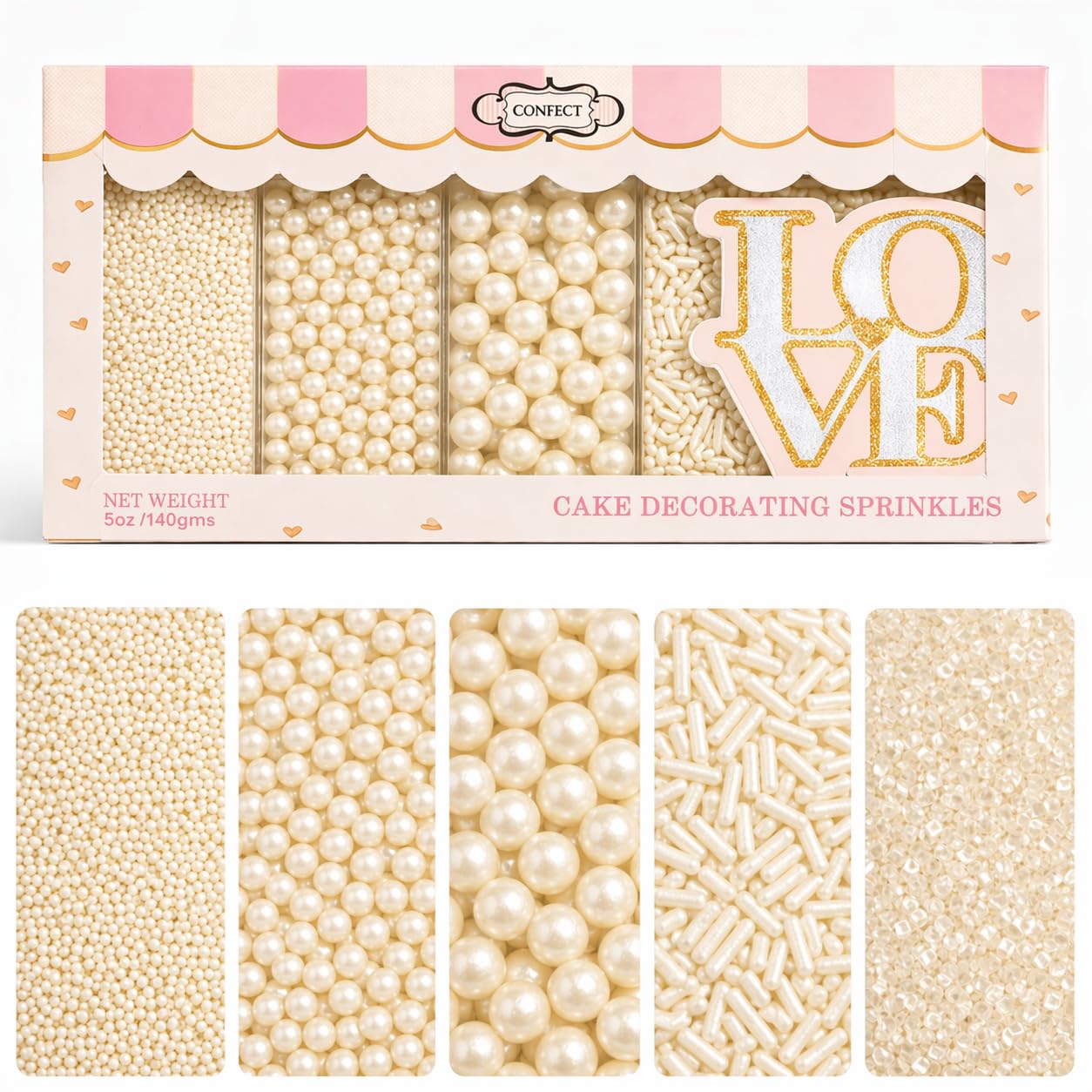 Confect front packaging showing mixed sprinkles and jar for easy topping