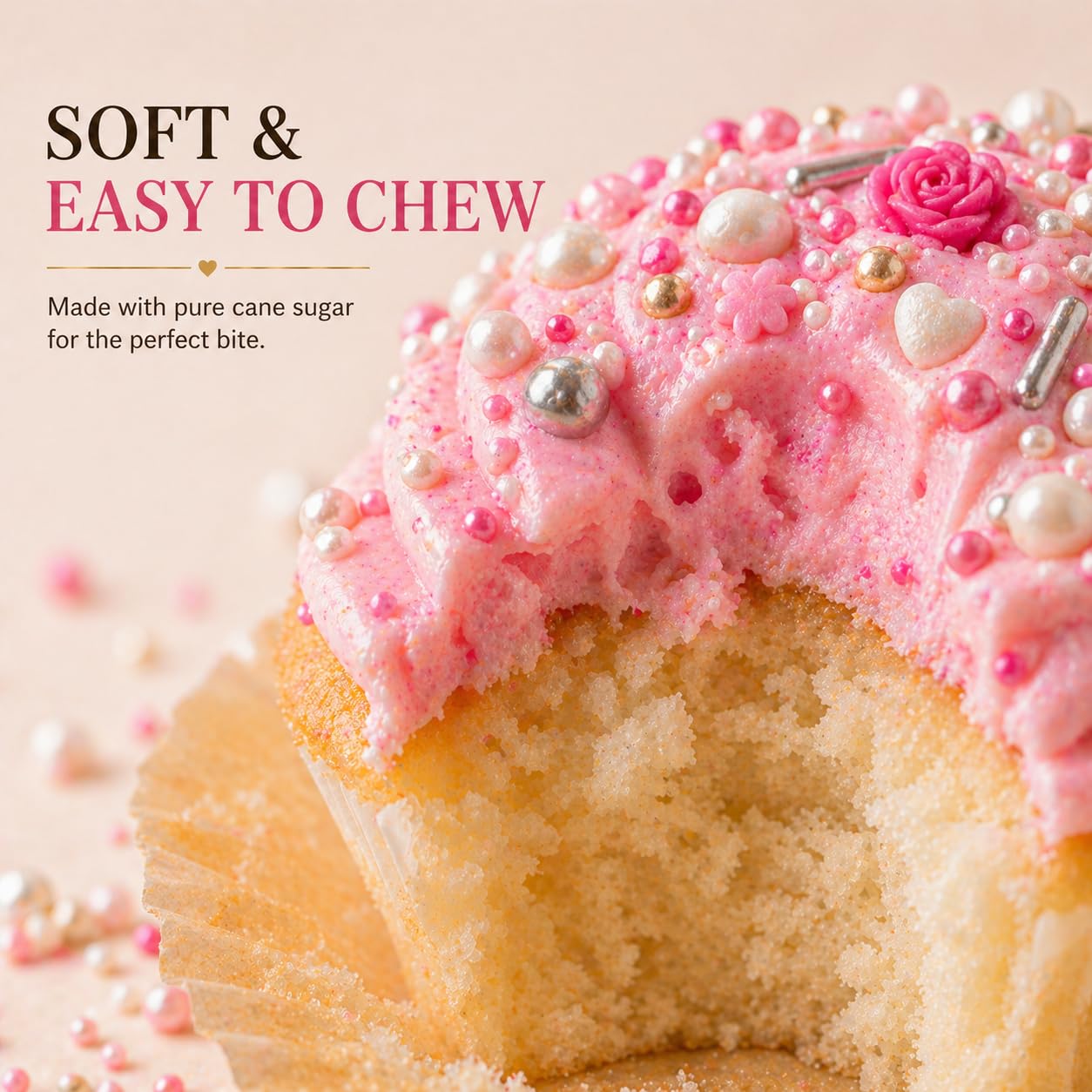 Confect sprinkles applied to cupcake top, brand adds a polished celebration look