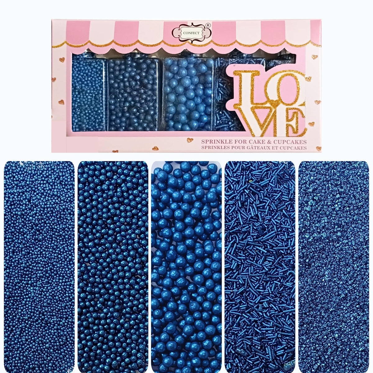 Confect front packaging showing navy blue sprinkle mix and elegant label benefit: neat storage