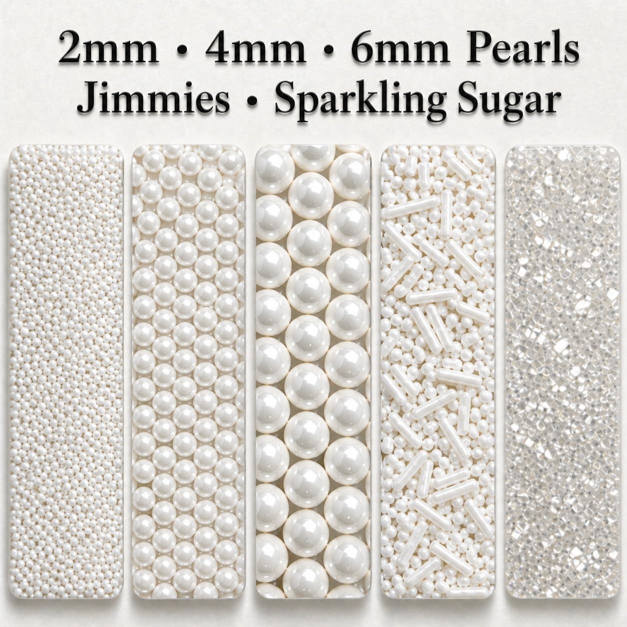 Confect close-up of white pearls and sugar crystals highlighting shimmer