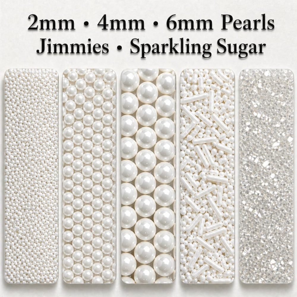 Confect close-up of white pearls and sugar crystals highlighting shimmer