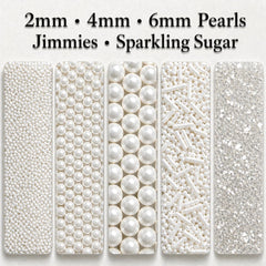 Confect close-up of white pearls and sugar crystals highlighting shimmer