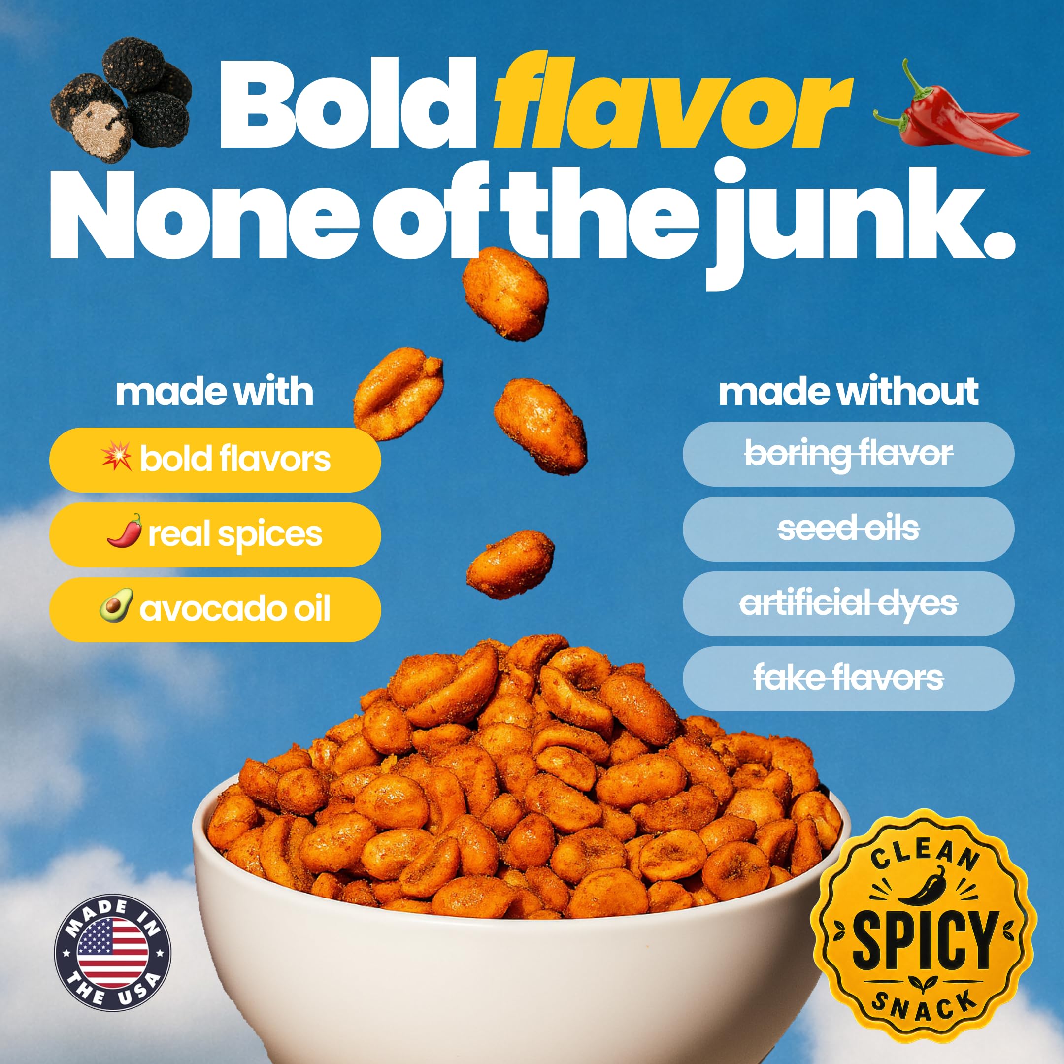 Confusion Snacks spicy chili masala closeup of coated peanuts highlighting bold flavor