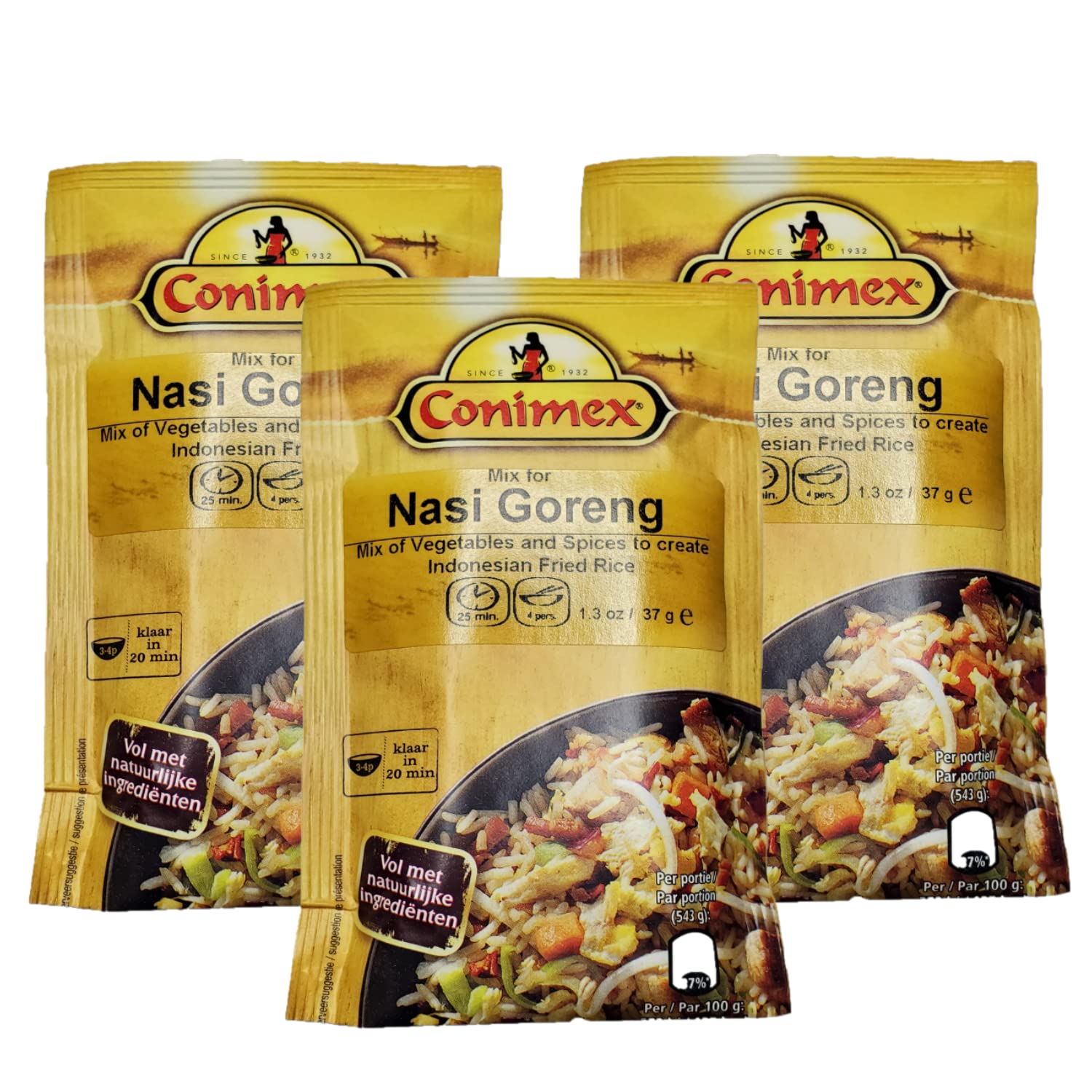 Conimex front packaging showing 39g sachet and pack of three for quick meal prep