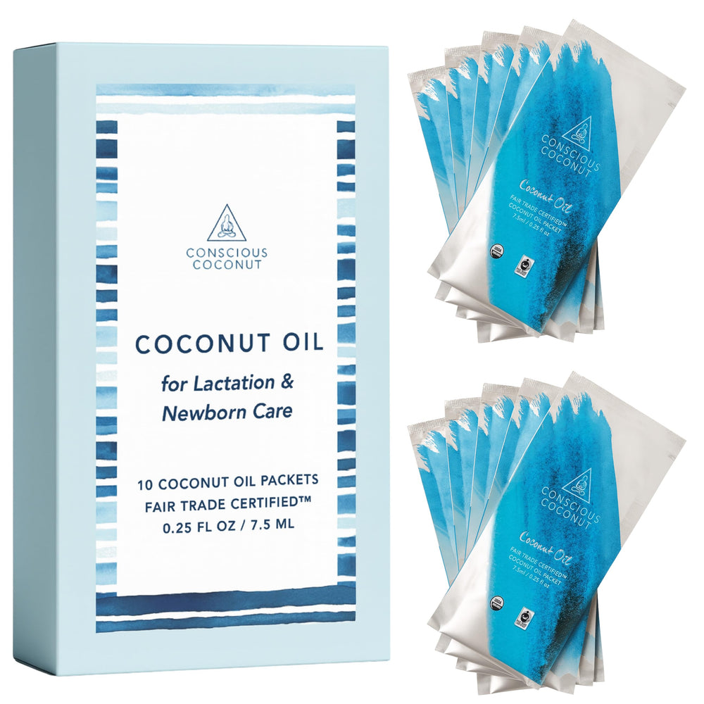 Conscious Coconut front view of ten sealed packets showing portability and hygiene