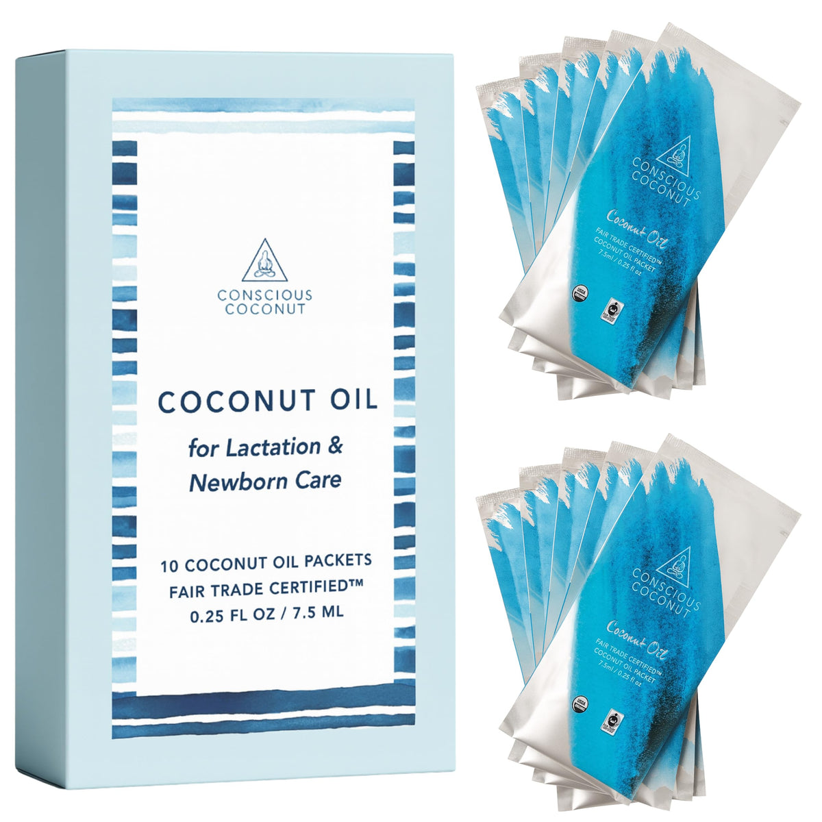 Conscious Coconut front view of ten sealed packets showing portability and hygiene